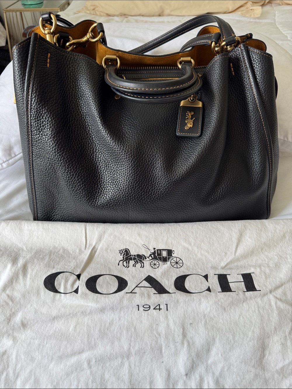 Coach Black Pebbled Leather Tote with Gold Hardware and Tan Interior Trim